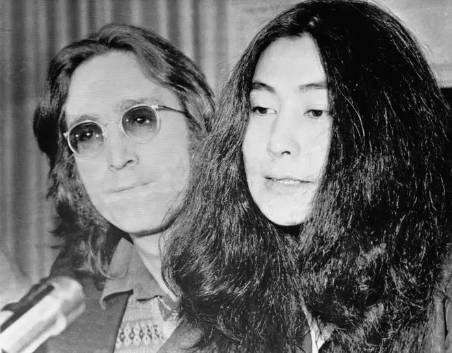 John Lennon and Yoko Ono at a deportation hearing on 2nd April 1973 - the day The Beatles' Red and Blue albums were released.