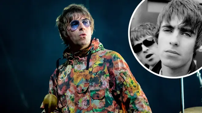 Liam Gallagher with image of Oasis in 1994 inset