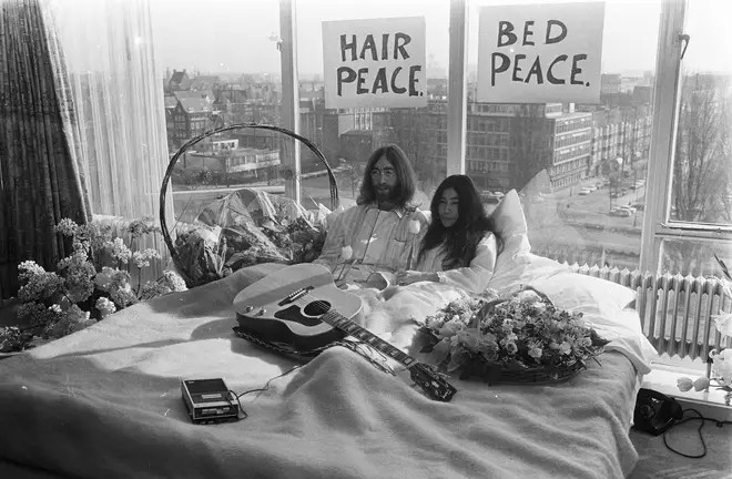 John Lennon and Yoko Ono at their first "Bed-In For Peace" at the Amsterdam Hilton, March 1969