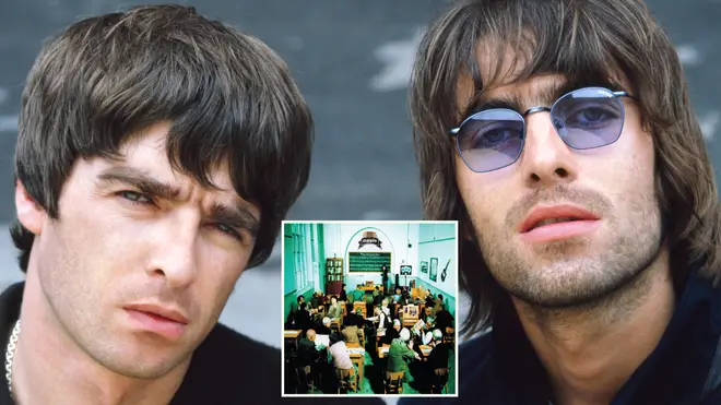 Noel and Liam Gallagher with The Masterplan album artwork inset