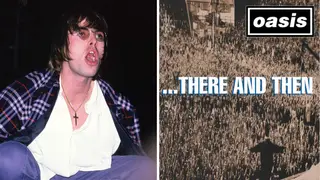 Liam Gallagher at Maine Road in 1996 and the Oasis ... There and then poster