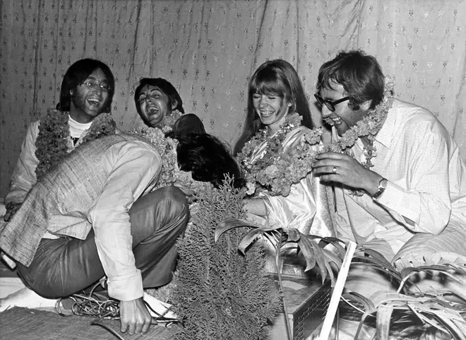 John Lennon, Paul McCartney,Jane Asher and Mal Evans celebrate GEORGE Harrison's 25th birthday IN Rishikesh, India, 25th February 1968.