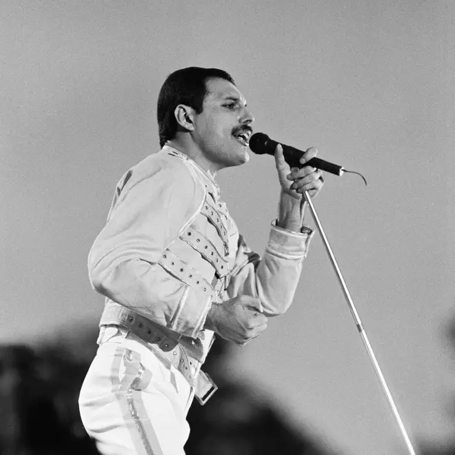 Freddie Mercury performing on the Knebworth stage. 9th August 1986.