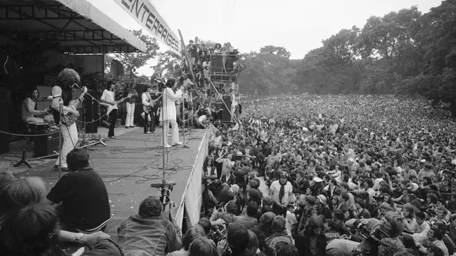 The Rolling Stones on stage at their free concert in London's Hyde Park on 5 July 1969