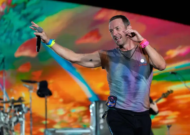 Chris Martin of Coldplay performs at the Rose Bowl, September 2023