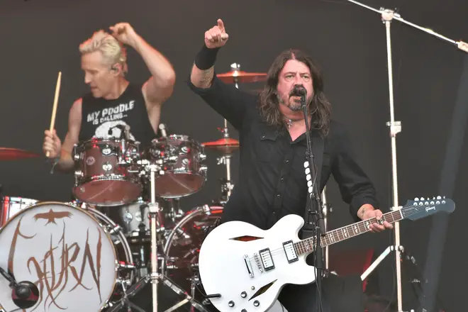 Dave Grohl and new drummer Josh Freese performing with Foo Fighters at Glastonbury on 23rd June 2023.