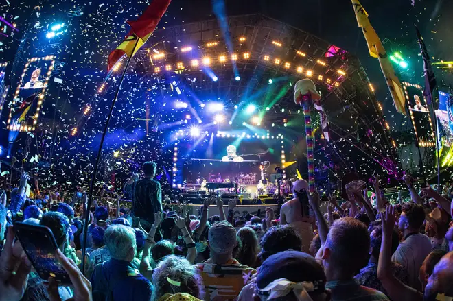 Sir Elton John performs on the Pyramid Stage at Glastonbury. Sunday 25th June 2023.