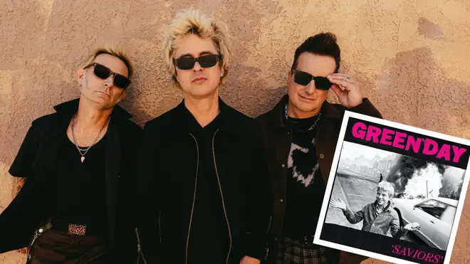 Green Day with their Saviors album inset