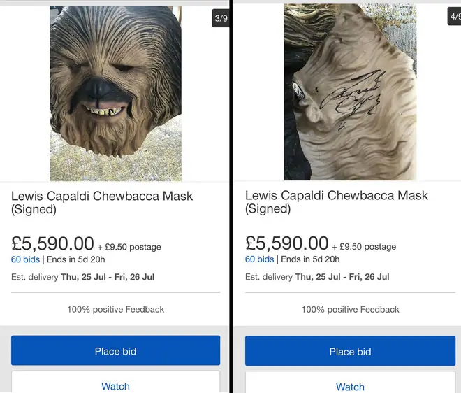 Signed Lewis Capaldi mask listed on eBay
