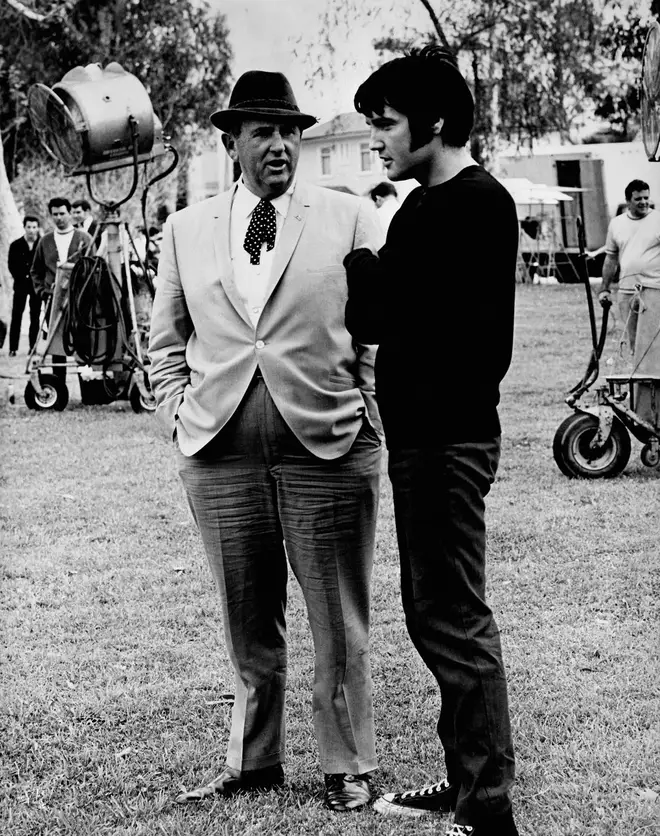 Colonel Tom Parker with Elvis Presley on the set of the movie Change Of Habit in 1969.