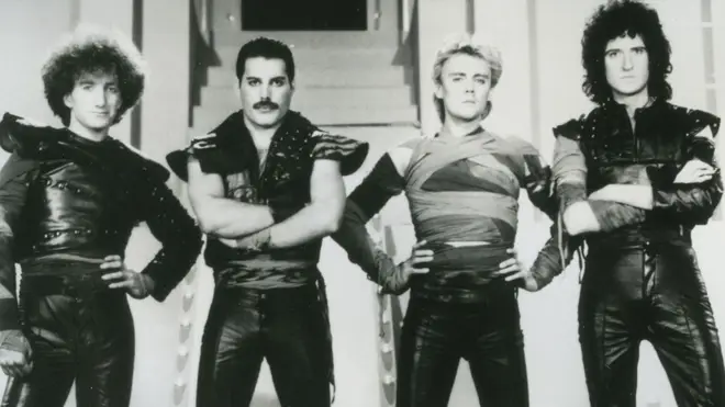 Queen on the set of the video for Radio Ga Ga, November 1983: John Deacon, Freddie Mercury, Roger Taylor and Brian May