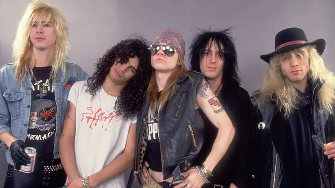 Guns N'Roses in August 1987: Duff McKagan, Slash, Axl Rose, Izzy Stradlin, Steven Adler