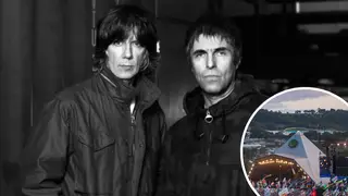 Liam Gallagher and John Squire with Glastonbury's Pyramid Stage inset