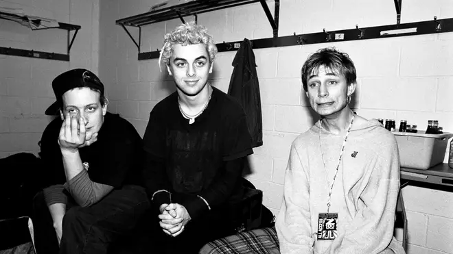 Tre Cool, Billie Joe Armstrong and Mike Dirnt pose for a portrait backstage at Madison Square Garden, December 1994.