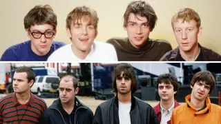 Blur in November 1995: Graham Coxon, Damon Albarn, Alex James and Dave Rowntree; and the Oasis line-up that recorded Roll With It: Alan White, Paul "Bonehead" Arthurs, Liam Gallagher, Paul "Guigsy" McGuigan and Noel Gallagher.