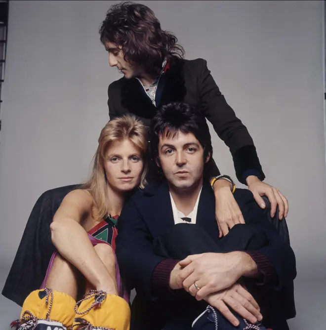 Wings in 1973 as photographed by Clive Arrowsmith: Denny Laine, Linda McCartney and Paul McCartney.