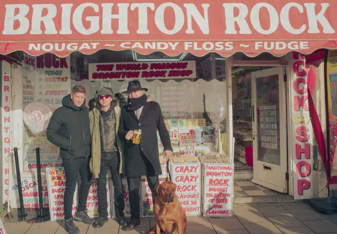 Pete Doherty and Carl Barât with Radio X's Dan O'Connell (and Gladys) announce their On The Beach show at The World Famous Brighton Rock Shop.