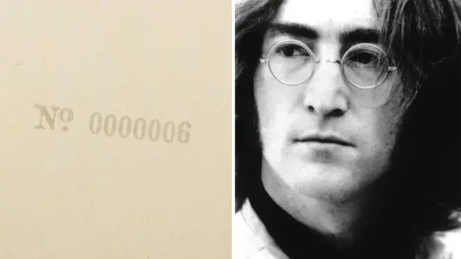 John Lennon in 1968 and a close-up of his original copy of the "White Album", number 0000006.