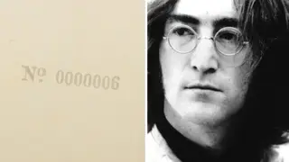 John Lennon in 1968 and a close-up of his original copy of the "White Album", number 0000006.