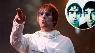 Liam Gallagher with a image of himself his brother Noel inset