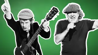 Angus Young, the eternal schoolboy and AC/DC vocalist Brian Johnson