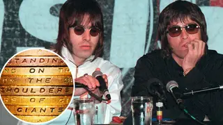 Oasis band members Liam and Noel Gallagher at a press conference to announce the departure of the band's two founding member Guigsy and Bonehead. August 1999
