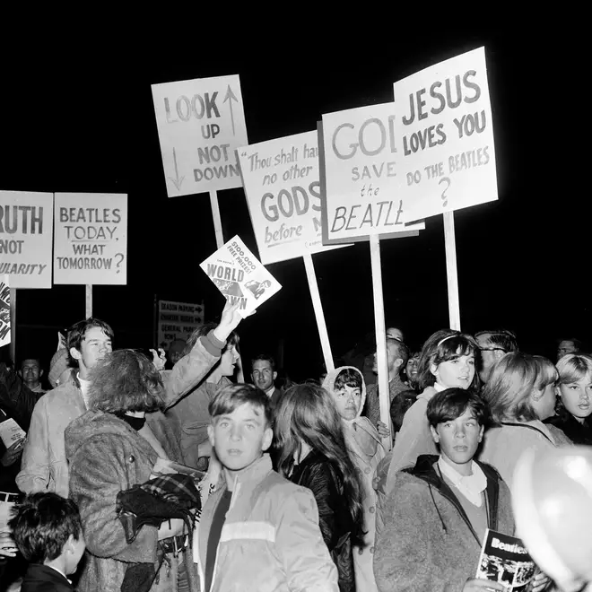 Church-goers protest against John Lennon's remark that The Beatles are 'more popular than Jesus' outside Candlestick Park where the band were set to hold their final live show, August 1966.