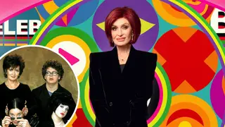 Sharon Osbourne with image of herself and Ozzy with their children Jack and Kelly for Meet The Osbournes