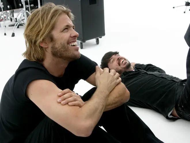 Taylor Hawkins and Dave Grohl shoot a video in Los Angeles, 2011