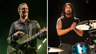 Queens of the Stone Age's Josh Homme in 2023 and Dave Grohl playing with Them Crooked Vultures in 2009