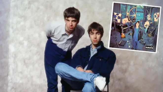 Oasis brothers Noel and Liam Gallagher in 1994 with Supersonic artwork inset