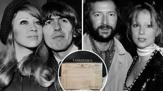 Pattie Boyd with George Harrison and Eric Clapton with an item of her collection inset