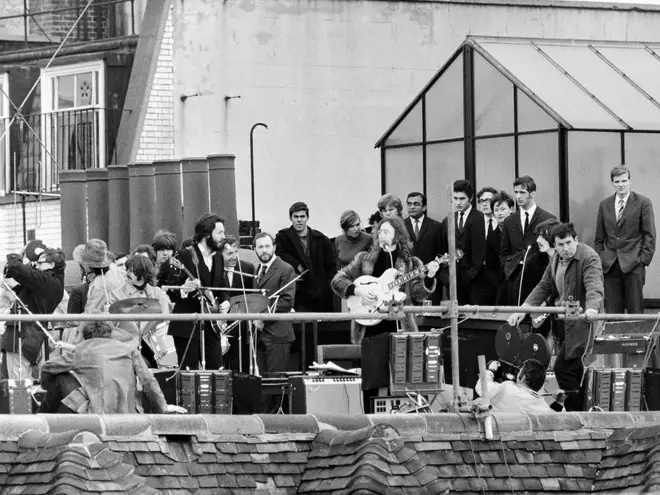 The climax to the Let It Be film: The Beatles&squot; "rooftop concert" from January 1969