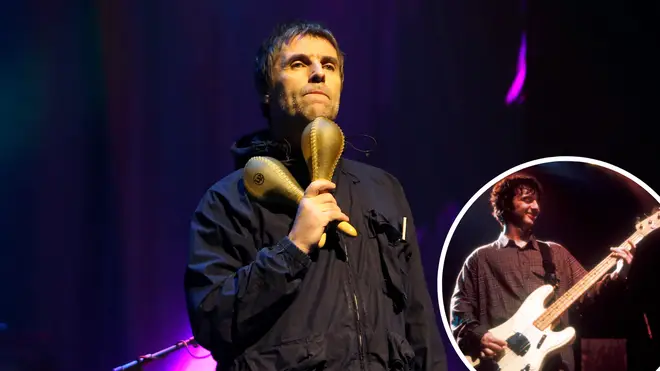 Liam Gallagher with image of former Oasis bassist Paul 'Guigsy' McGuigan from 1995 inset