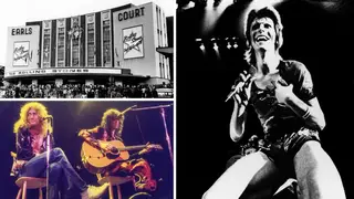 The life and times of Earls Court Exhibition Centre: the venue hosts the Stones in May 1976; Robert Plant and Jimmy Page of Led Zeppelin in May 1975; and David Bowie in May 1973.