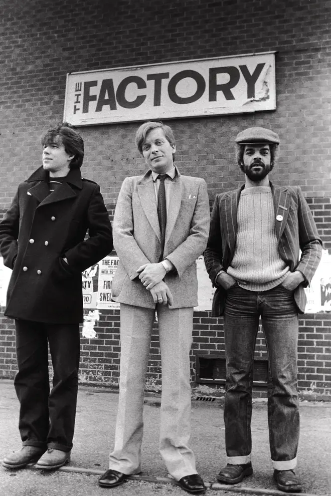 Peter Saville, Tony Wilson and Alan Erasmus outside the original Factory club in 1978