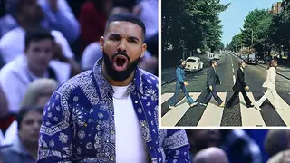 Drake with The Beatles Abbey Road album artwork