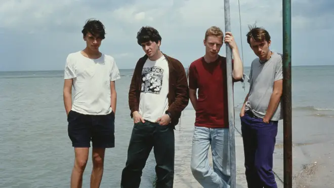 Blur on the beach in 1995: Alex James, Graham Coxon, Dave Rowntree, Damon Albarn