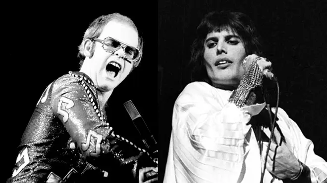 Elton John and Freddie Mercury performing live in 1975