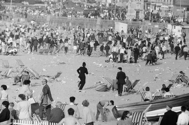 Geniune Mods versus Rockers at Margate, North East Kent in May 1964