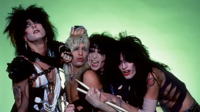 Bassist Nikki Sixx, lead singer Vince Neil, lead guitarist Mick Mars and drummer Tommy Lee of the American hard rock band Motley Crue, 1984
