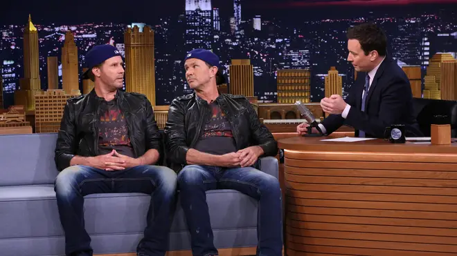 Actor Will Ferrell and drummer Chad Smith during an interview with host Jimmy Fallon on May 22, 2014