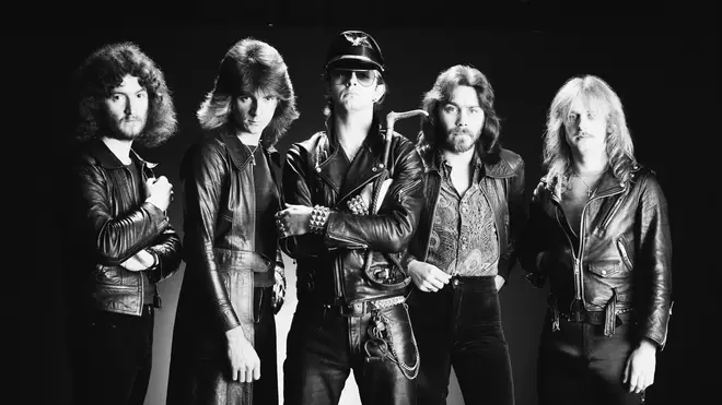 Judas Priest in 1978: drummer Les Binks, bassist Ian Hill, singer Rob Halford, guitarist Glenn Tipton and guitarist K. K. Downing