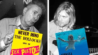 John Lydon with Sex Pistols Never Mind The Bollocks album and Kurt Cobain with Nirvana's Nevermind album