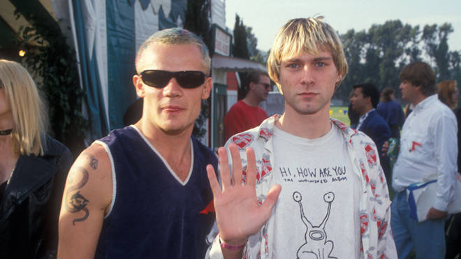 Flea of Red Hot Chili Peppers and Kurt Cobain of Nirvana  at the 1992 MTV Video Music Awards