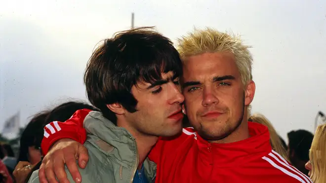 Liam Gallagher and Robbie Williams backstage at Glastonbury in 1995