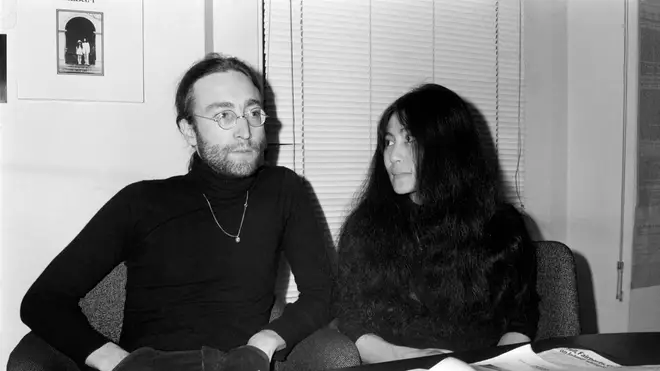 Beatles singer John Lennon with wife Yoko Ono at Apple headquarters as he sends his MBE back to The Queen, 25 November 1969