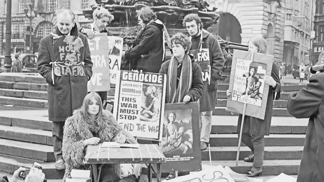 English model and actress Jean Shrimpton joins a group of anti-war protestors campaigning to end the killing of civilians in Biafra and the Nigerian Civil War, 24 December 1969